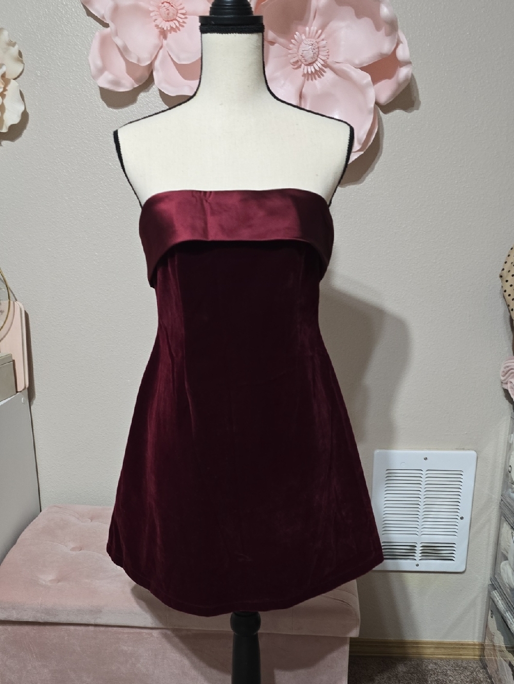 Strapless Velvet Mini Dress in Deep Burgundy